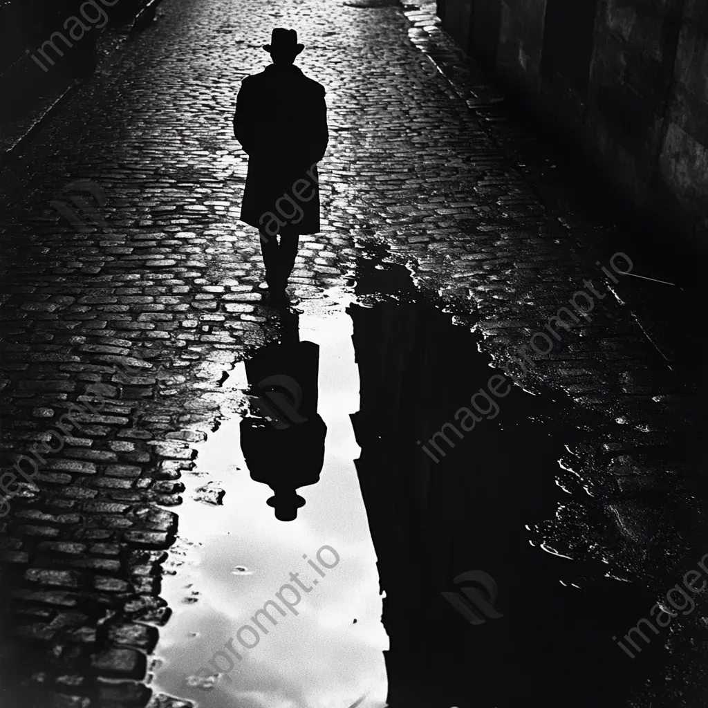 Artwork of a solitary figure reflected in a puddle on a rainy cobblestone street, in film noir style - Image 1