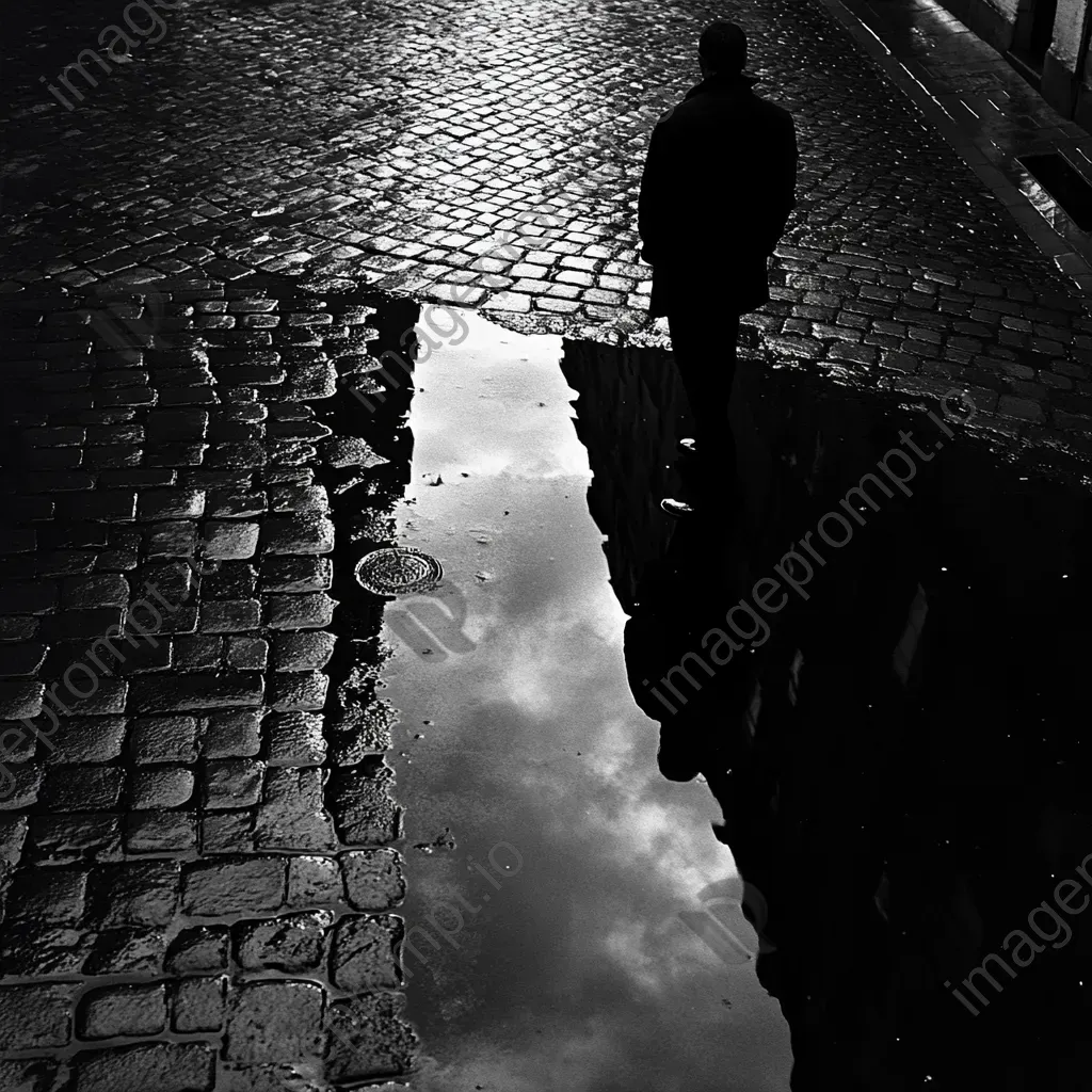 Artwork of a solitary figure reflected in a puddle on a rainy cobblestone street, in film noir style - Image 2