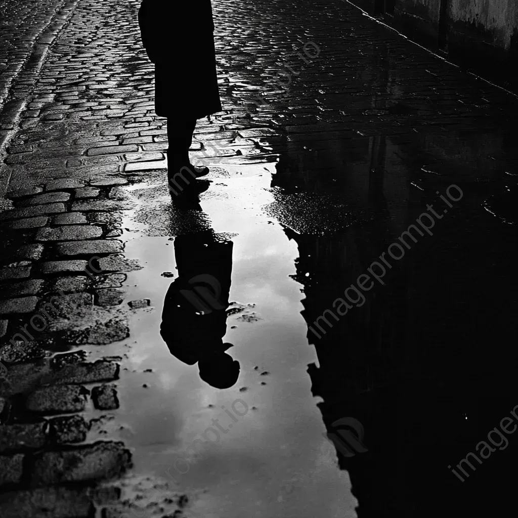 Artwork of a solitary figure reflected in a puddle on a rainy cobblestone street, in film noir style - Image 3