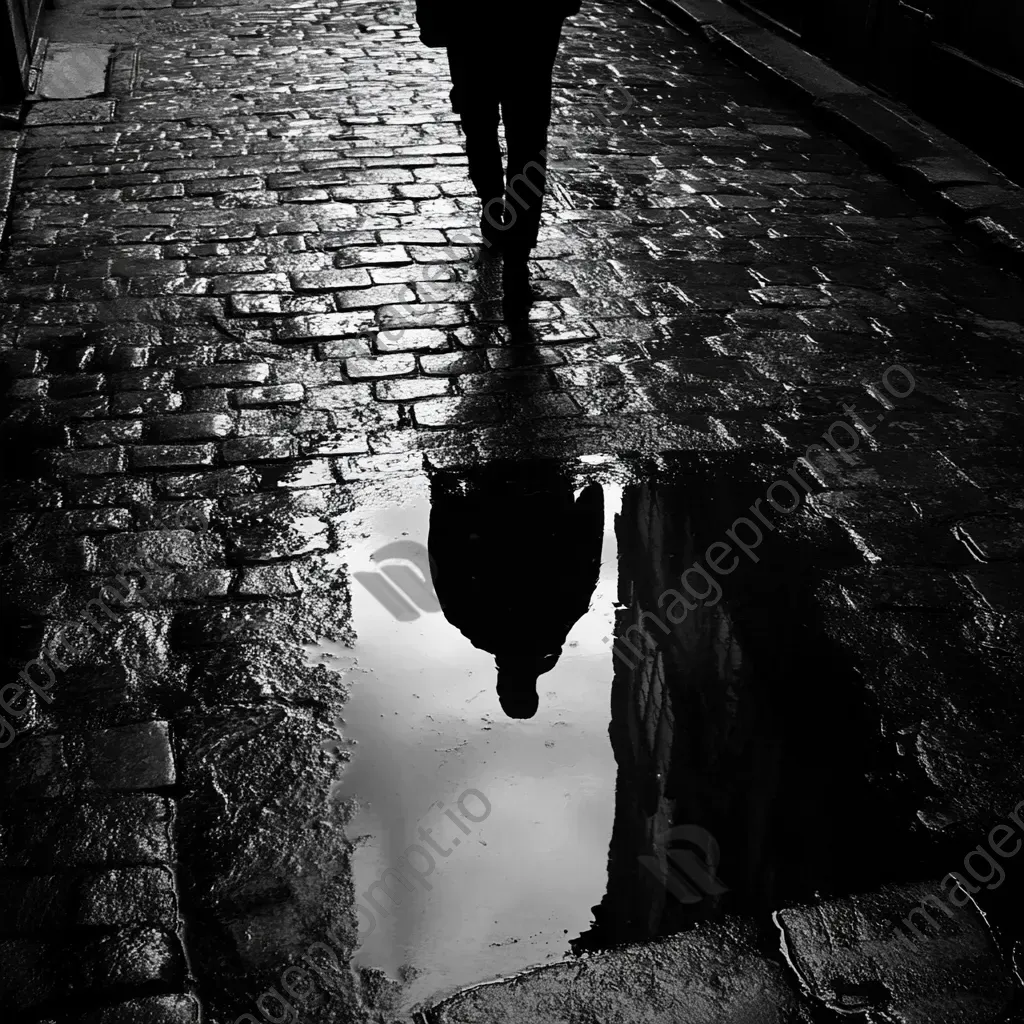 Artwork of a solitary figure reflected in a puddle on a rainy cobblestone street, in film noir style - Image 4