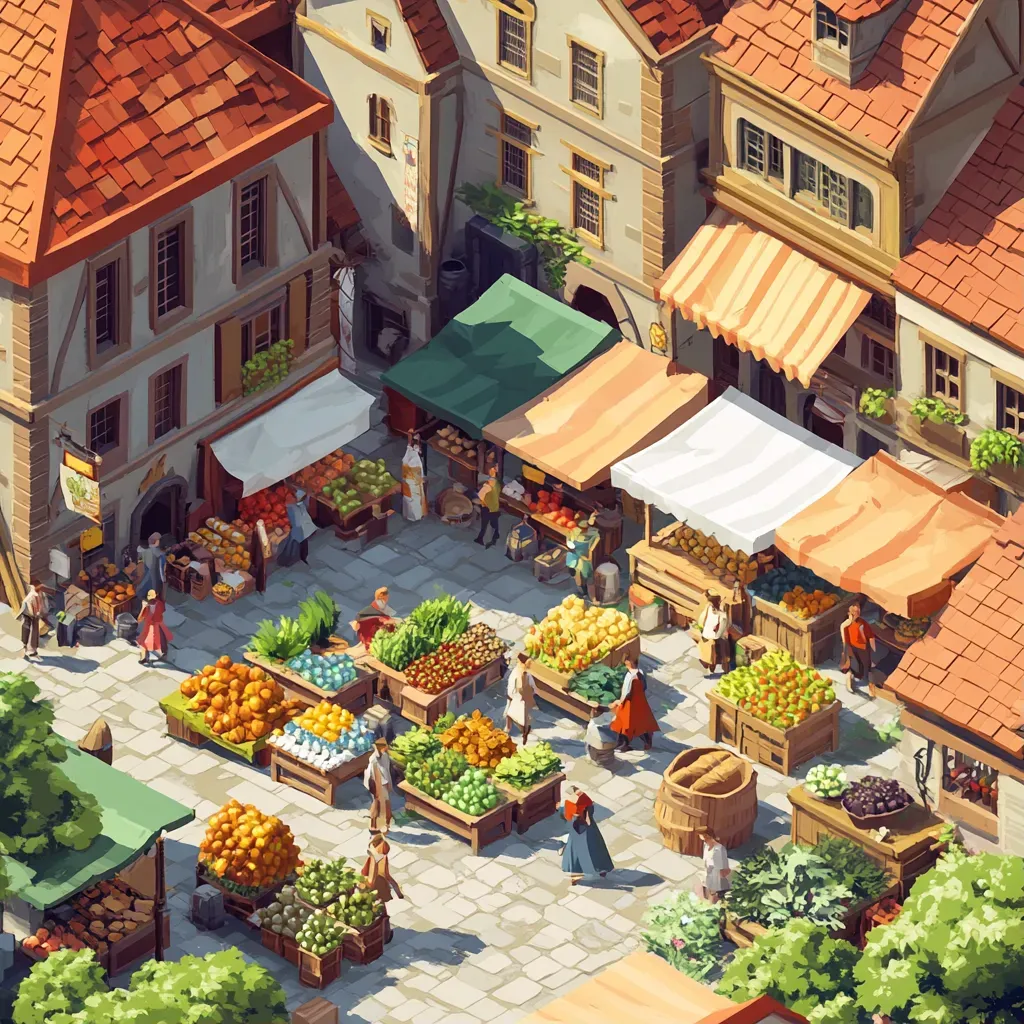 Low poly isometric view of a bustling farmer’s market in an old town - Image 1