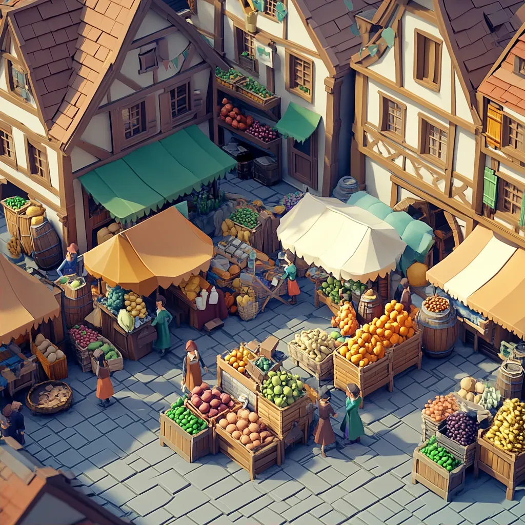 Low poly isometric view of a bustling farmer’s market in an old town - Image 2