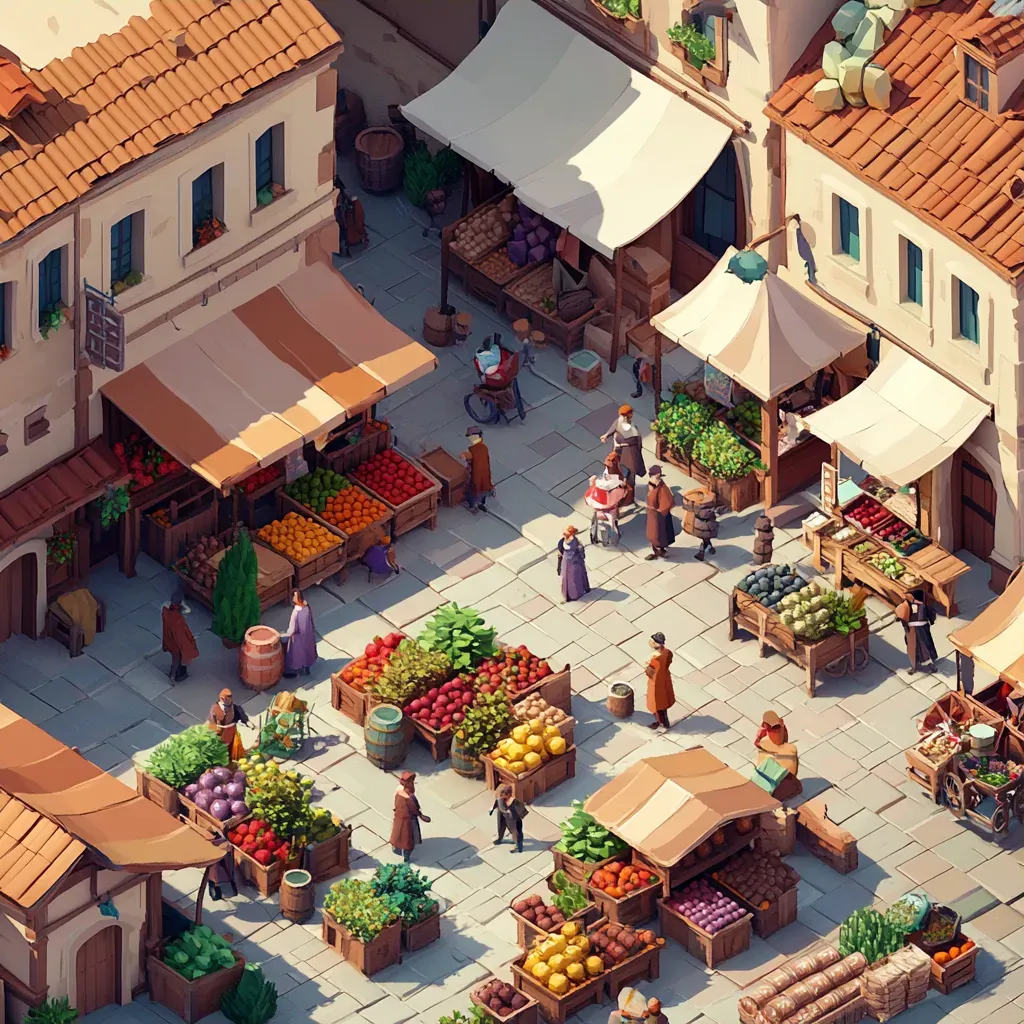 Low poly isometric view of a bustling farmer’s market in an old town - Image 3