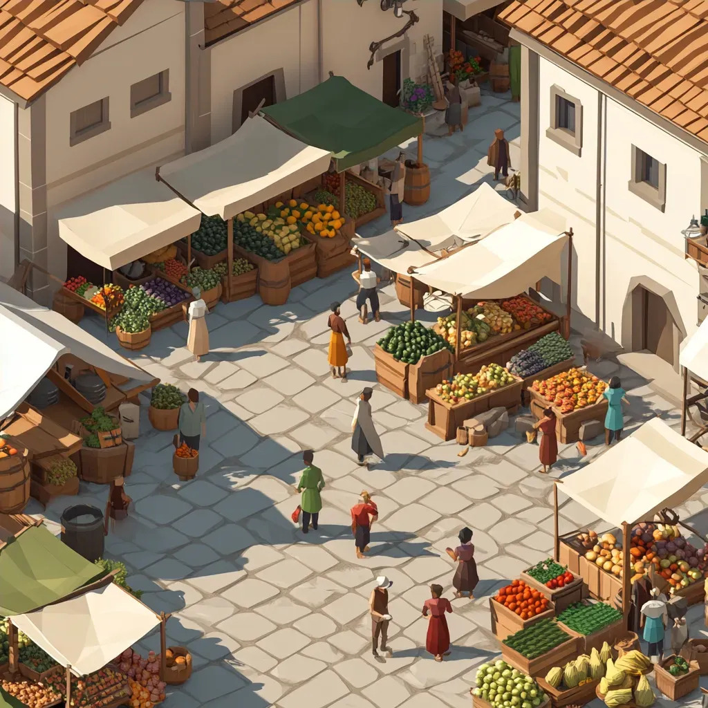 Low poly isometric view of a bustling farmer’s market in an old town - Image 4