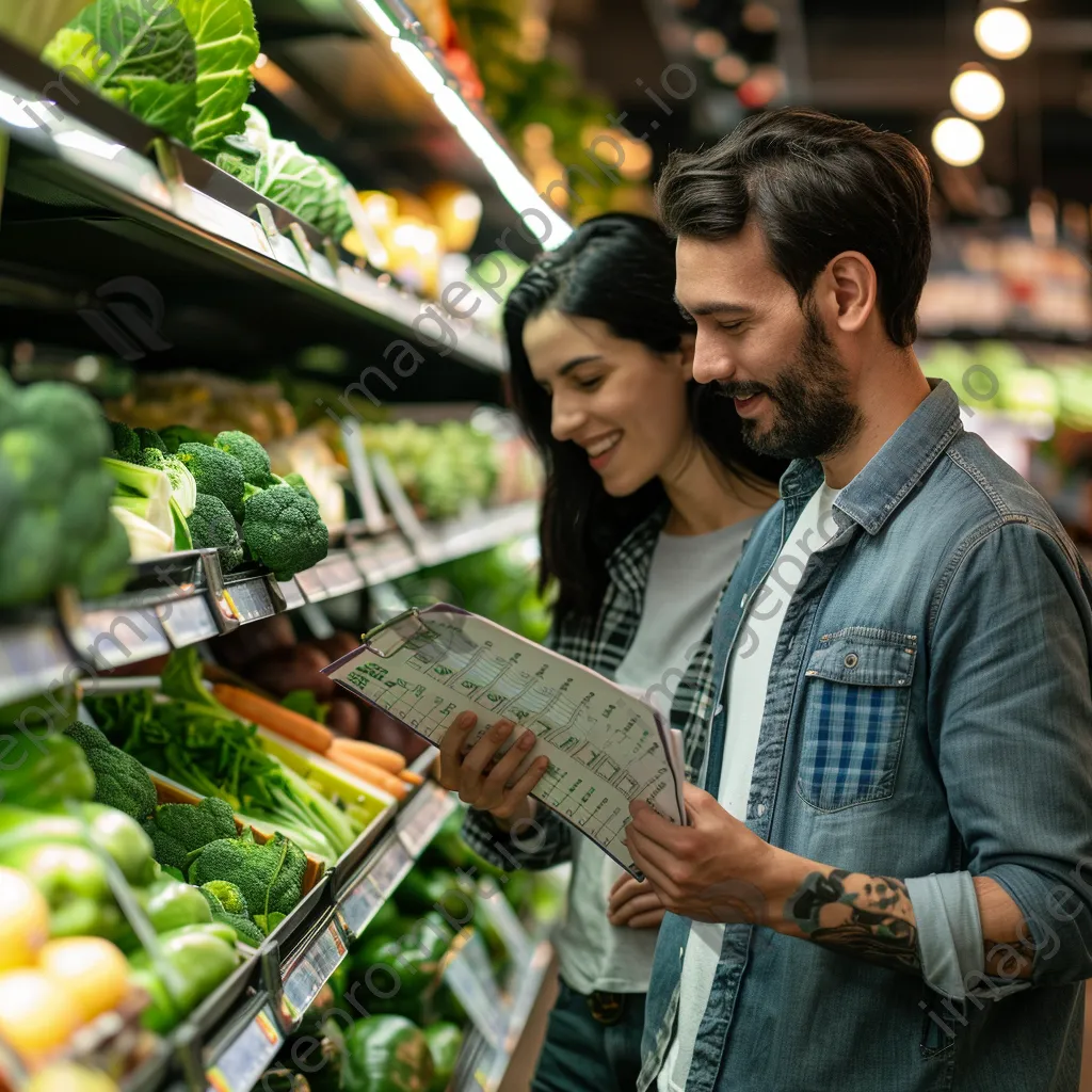 Couple shopping for healthy foods in a supermarket aisle. - Image 1