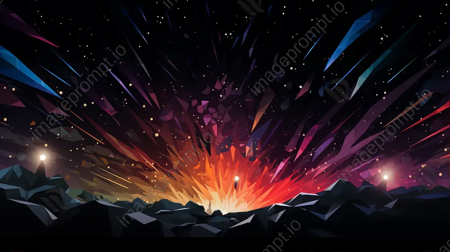 Low poly surreal-colored meteor shower against a dark space backdrop mimicking stained glass art - Image 1