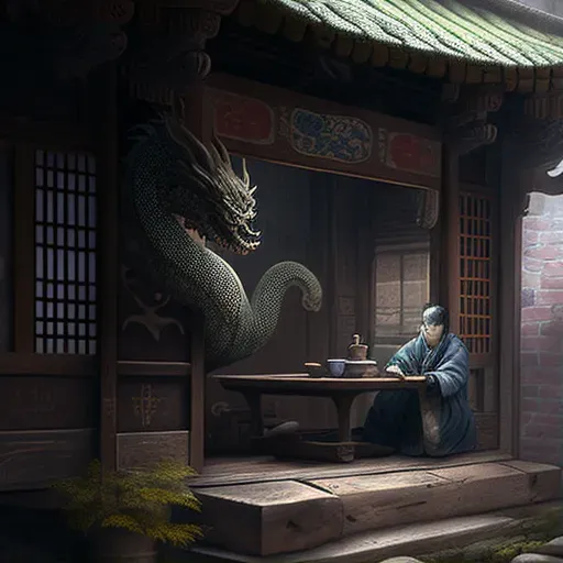 Image of a mysterious figure reading tea leaves revealing the image of a dragon - Image 1