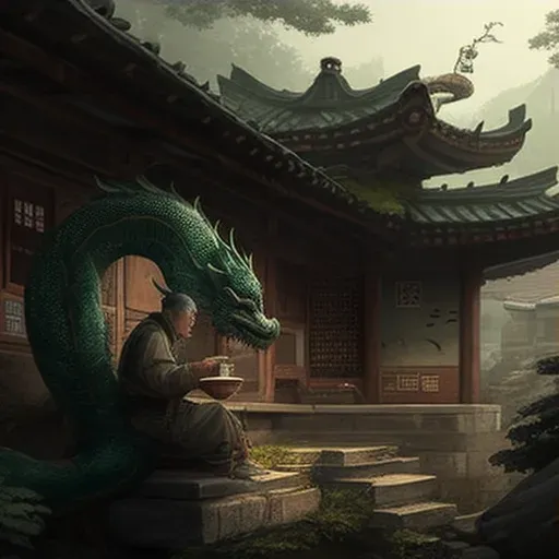 Image of a mysterious figure reading tea leaves revealing the image of a dragon - Image 3