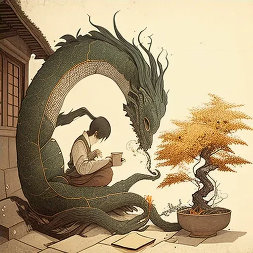 Image of a mysterious figure reading tea leaves revealing the image of a dragon - Image 4