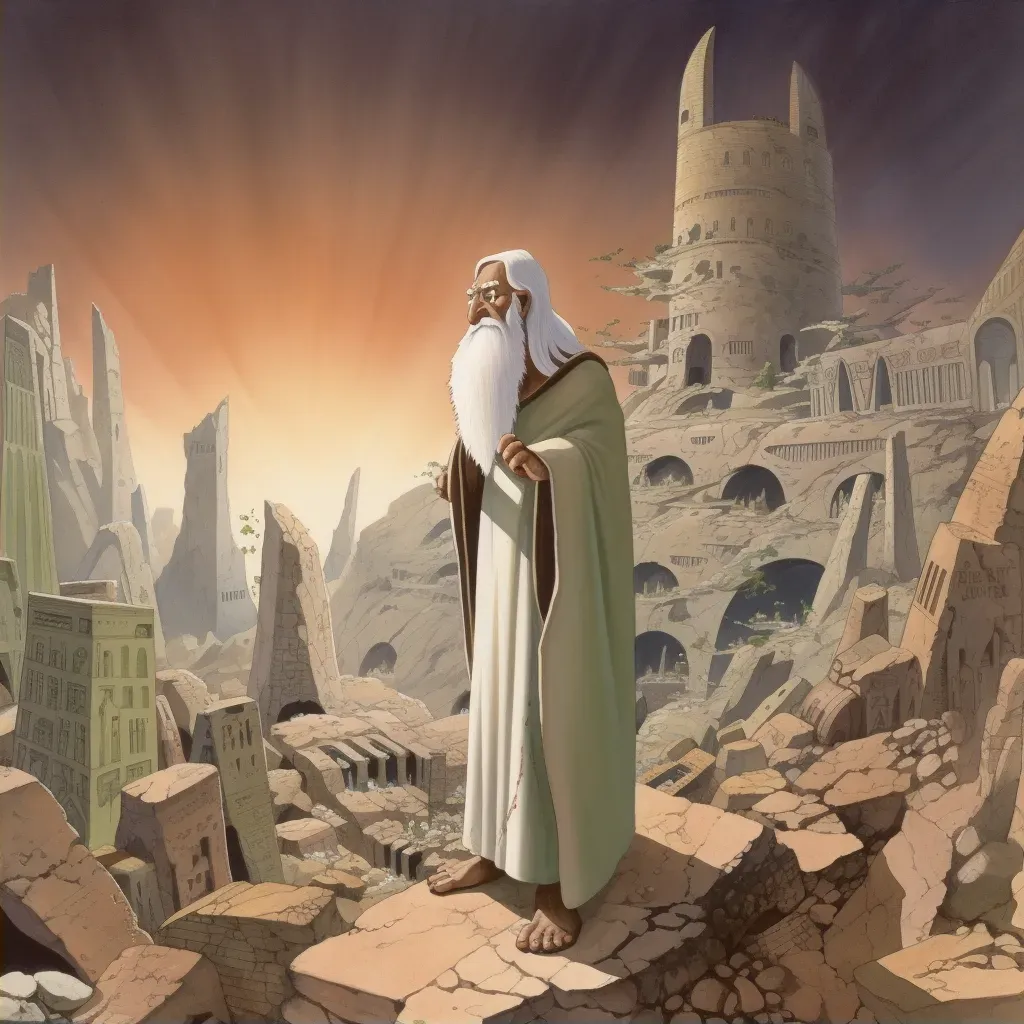 Image of a prophet standing amidst ruins receiving a vision of past glory - Image 2