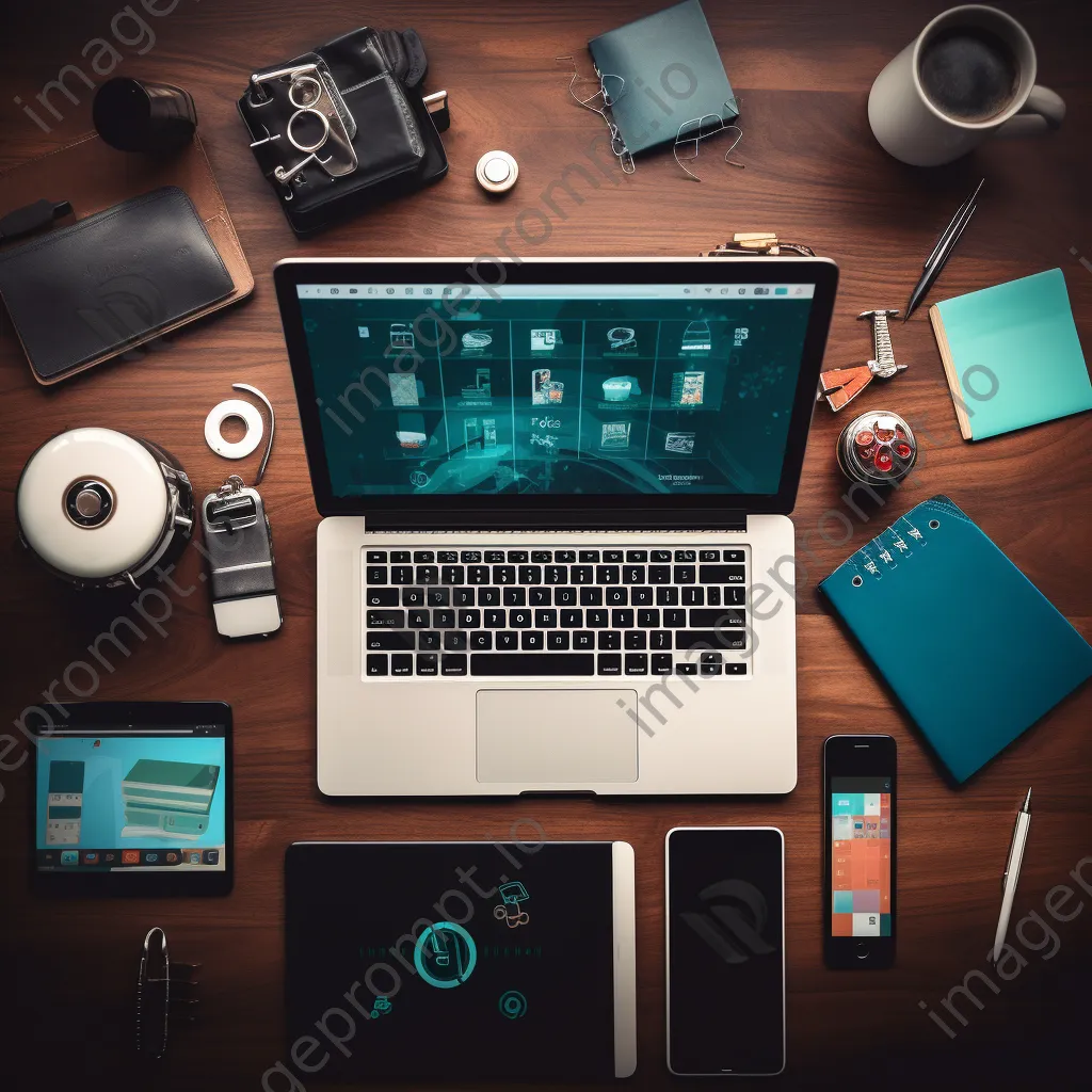 Flat lay of cybersecurity tools arranged on a wooden table - Image 1