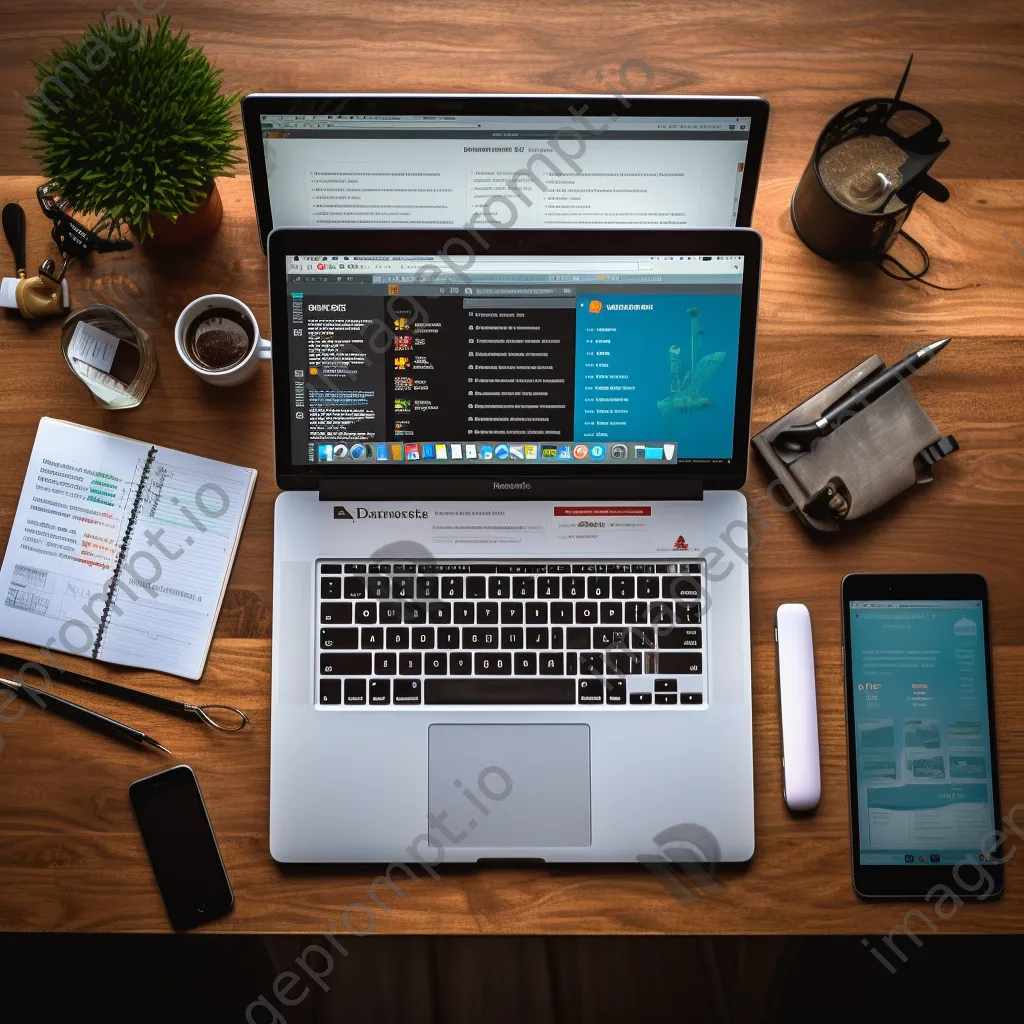 Flat lay of cybersecurity tools arranged on a wooden table - Image 3