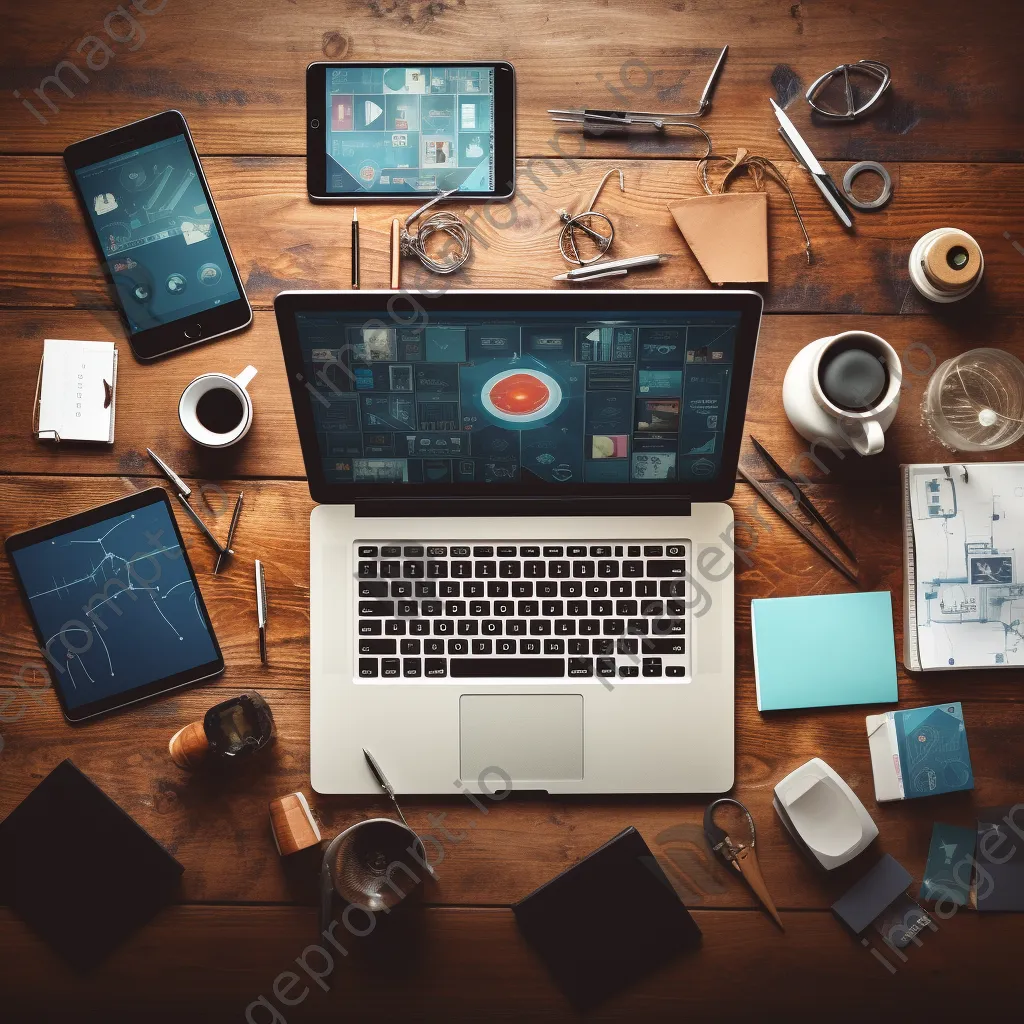 Flat lay of cybersecurity tools arranged on a wooden table - Image 4