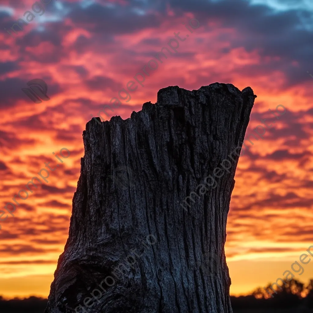 Silhouette of an ancient tree stump with a colorful sunset sky - Image 1