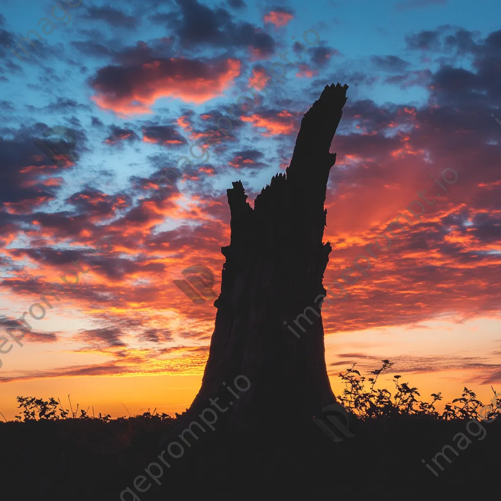 Silhouette of an ancient tree stump with a colorful sunset sky - Image 2