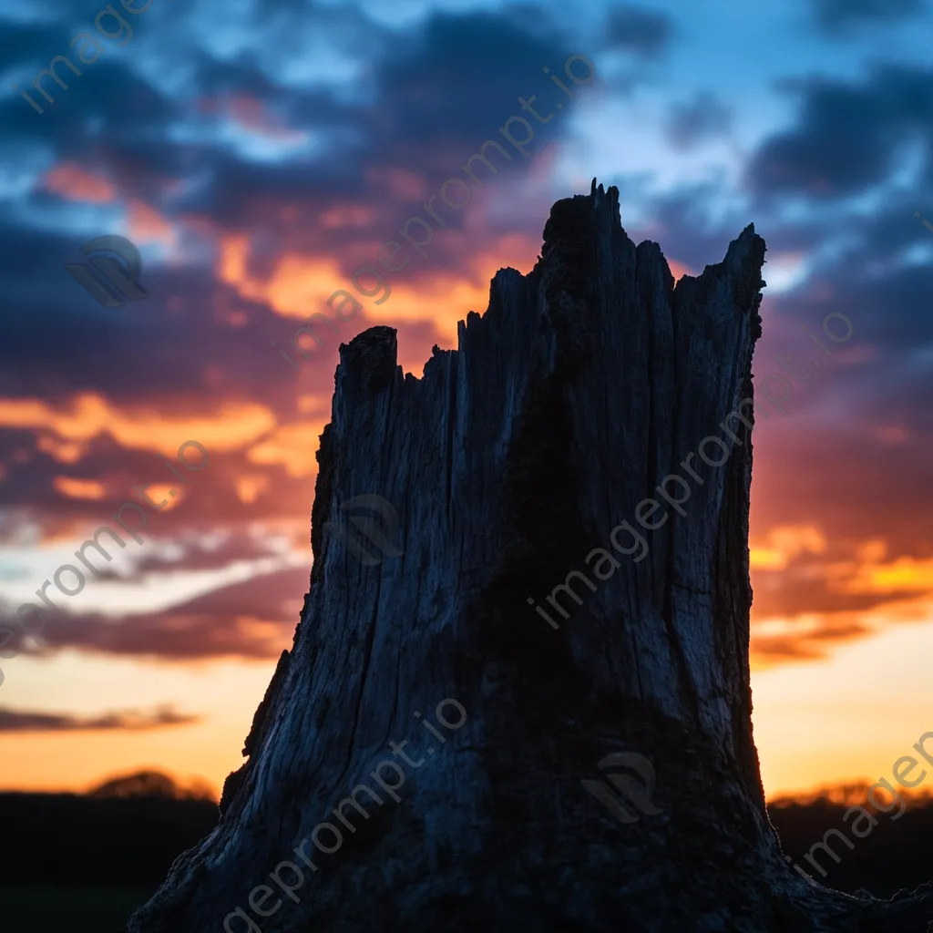 Silhouette of an ancient tree stump with a colorful sunset sky - Image 3