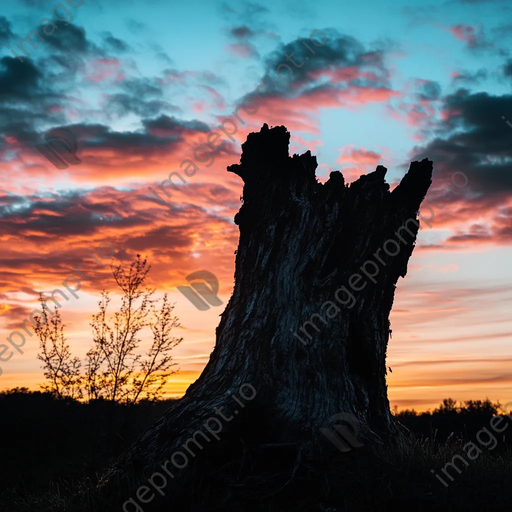 Silhouette of an ancient tree stump with a colorful sunset sky - Image 4