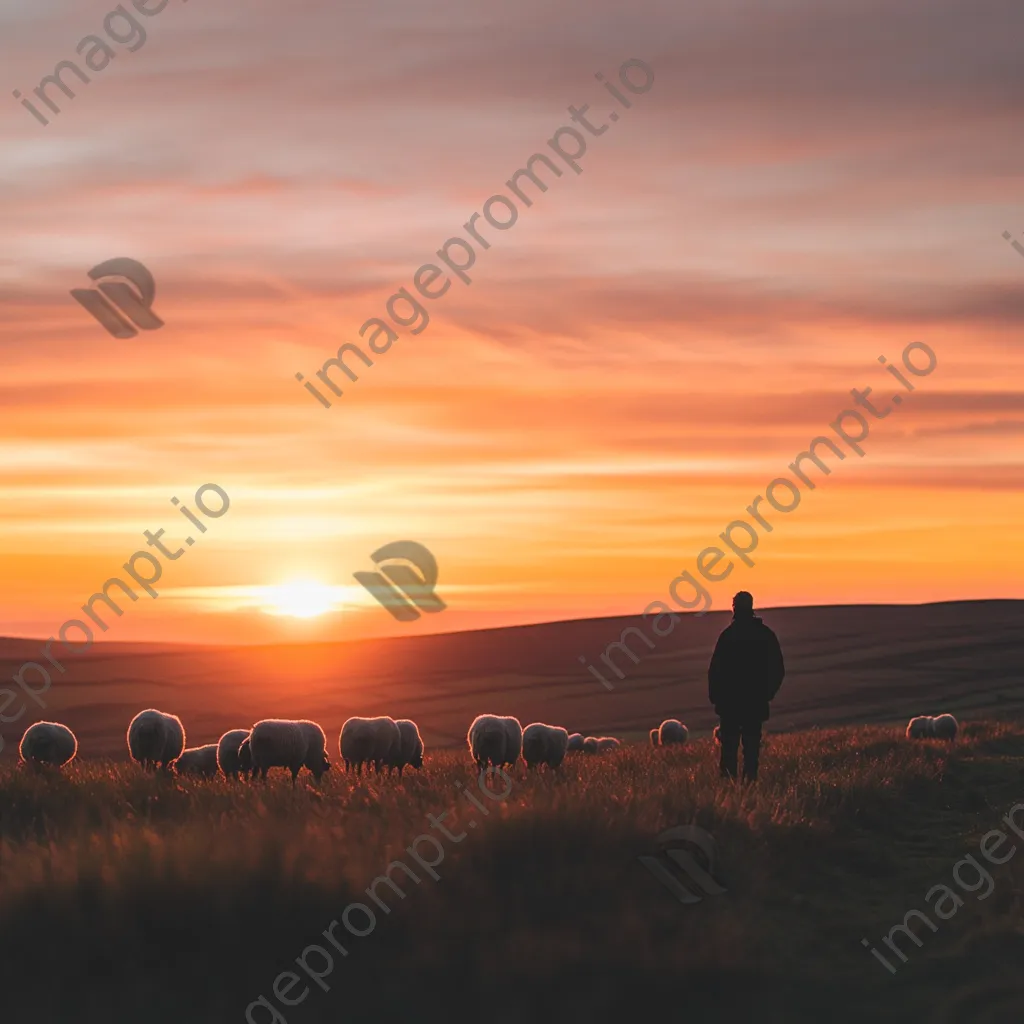 Shepherd silhouetted against a glowing horizon with grazing sheep - Image 1