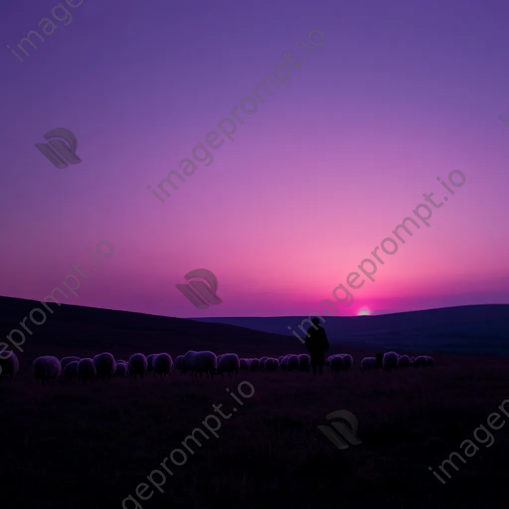 Shepherd silhouetted against a glowing horizon with grazing sheep - Image 2