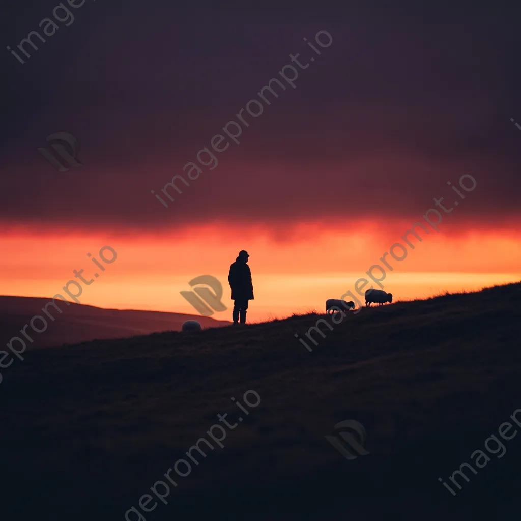 Shepherd silhouetted against a glowing horizon with grazing sheep - Image 3