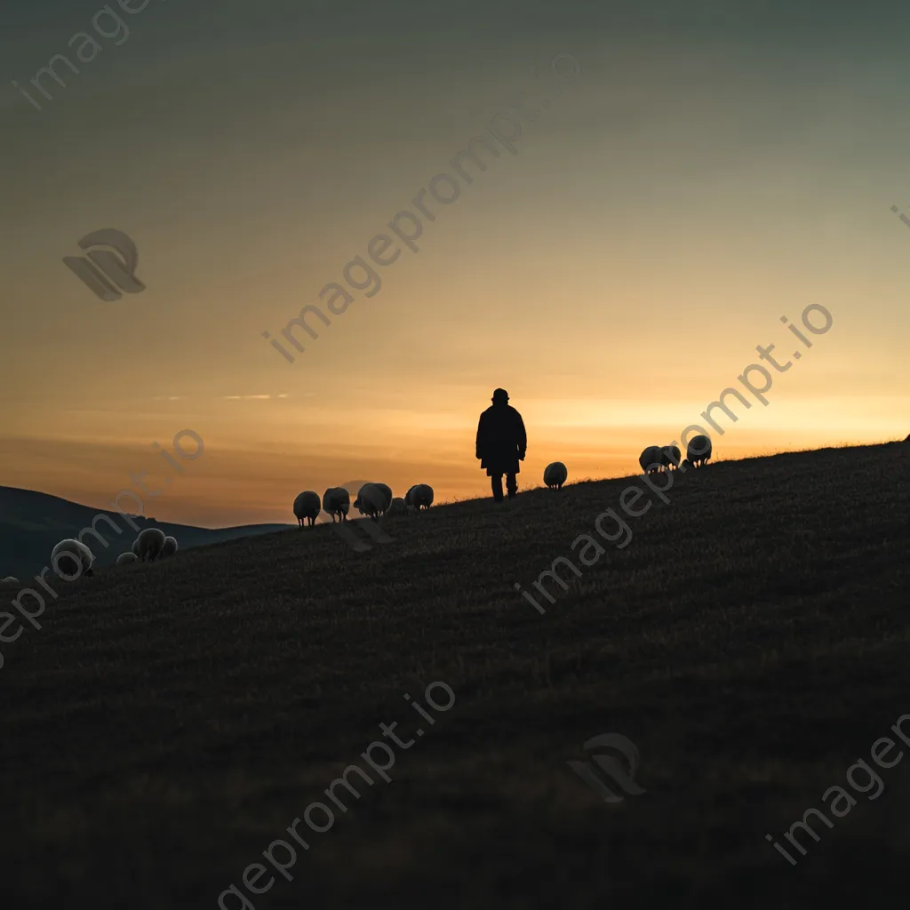 Shepherd silhouetted against a glowing horizon with grazing sheep - Image 4