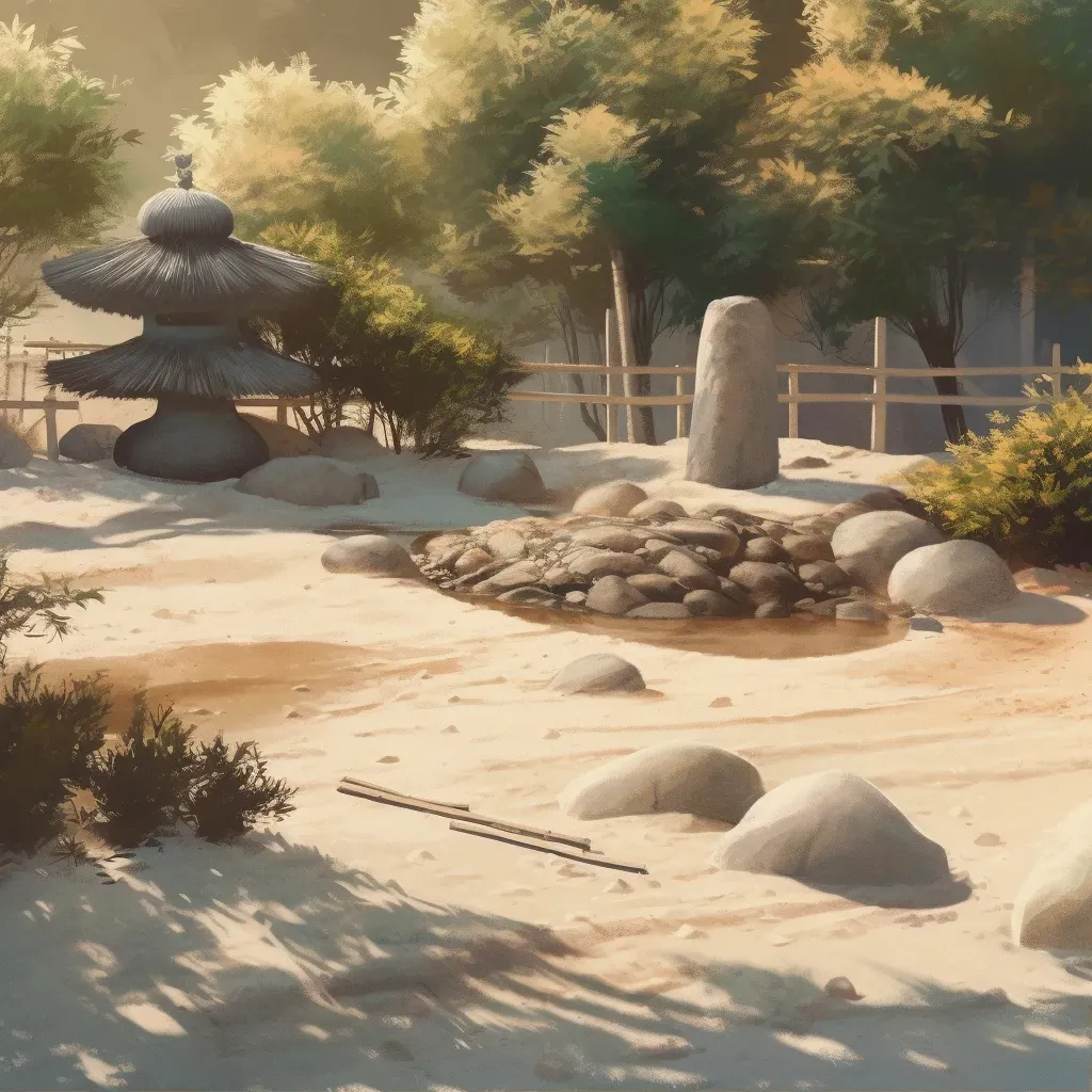 Serene Zen garden with raked sand and pond - Image 1