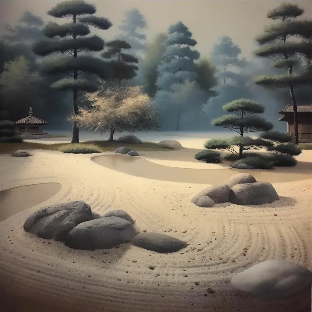 Serene Zen garden with raked sand and pond - Image 3