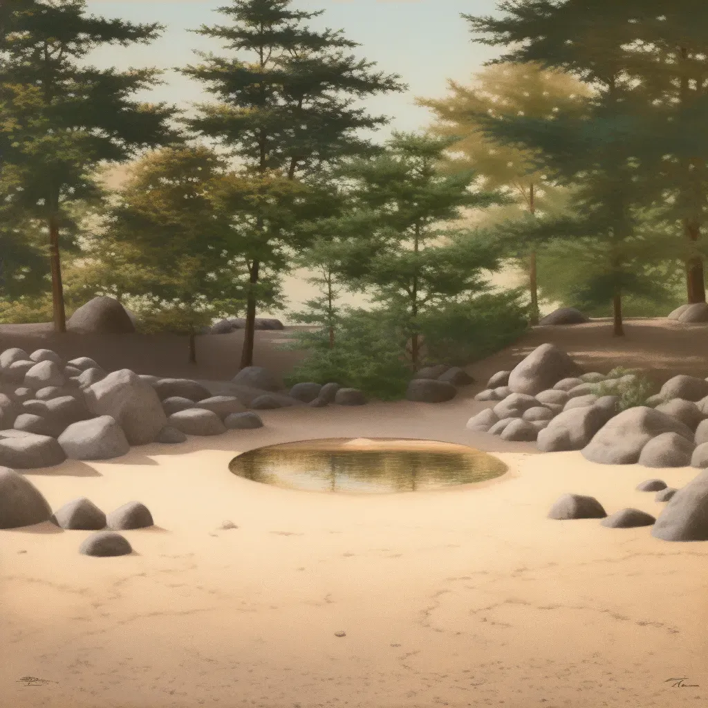 Serene Zen garden with raked sand and pond - Image 4