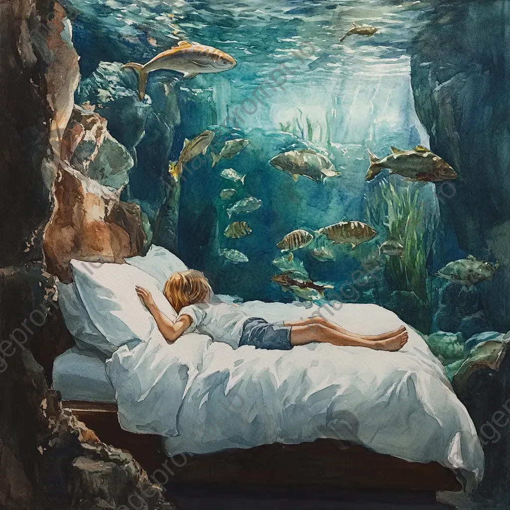 Watercolor painting of a dreamy slumber party at an aquarium with floating creatures - Image 1