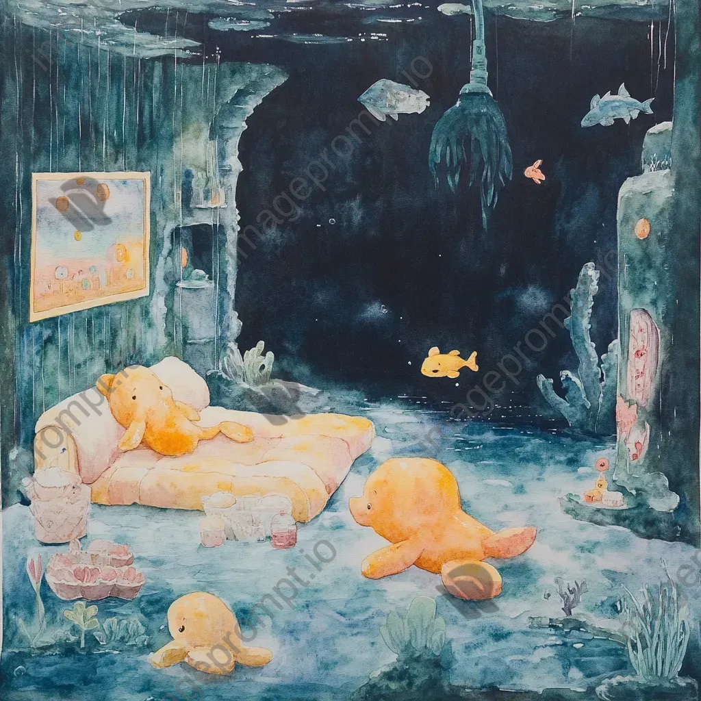 Watercolor painting of a dreamy slumber party at an aquarium with floating creatures - Image 2