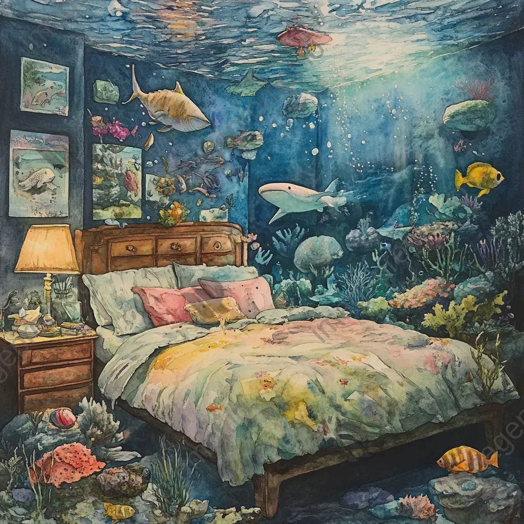 Watercolor painting of a dreamy slumber party at an aquarium with floating creatures - Image 3