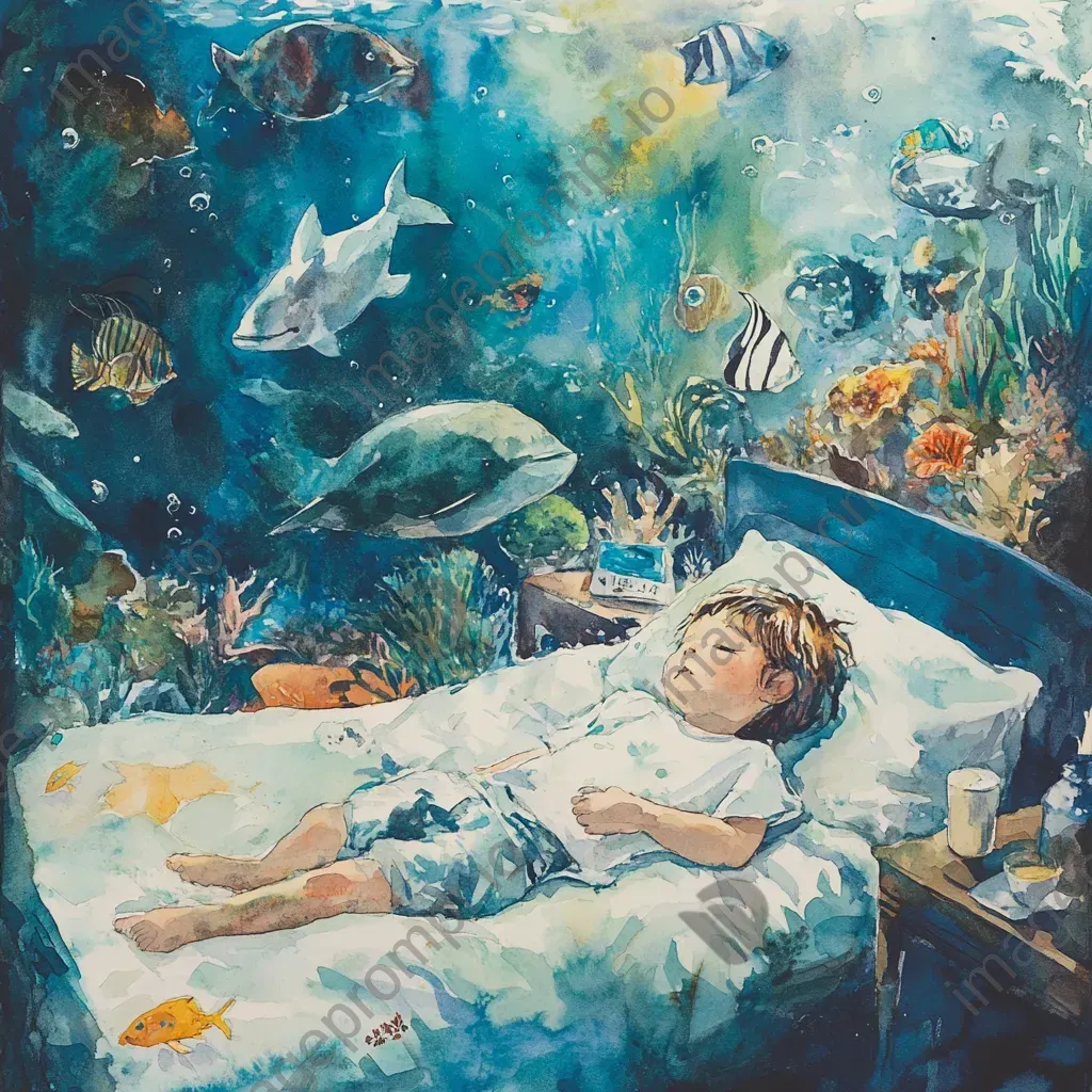 Watercolor painting of a dreamy slumber party at an aquarium with floating creatures - Image 4