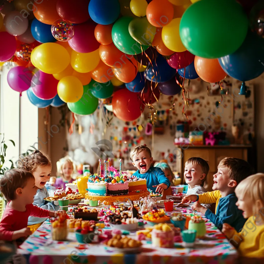 Children celebrating a birthday party with cake and colorful balloons. - Image 1