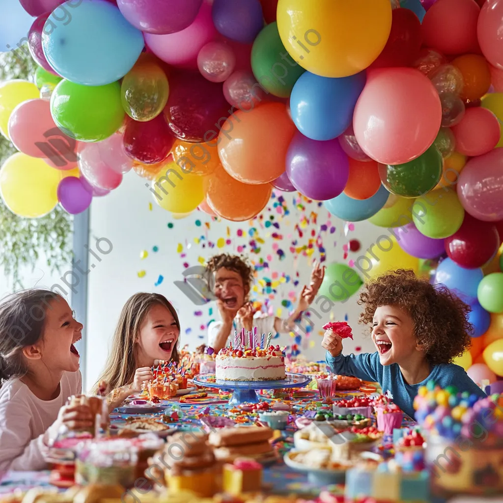 Children celebrating a birthday party with cake and colorful balloons. - Image 2