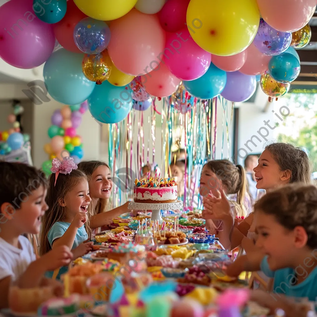 Children celebrating a birthday party with cake and colorful balloons. - Image 3