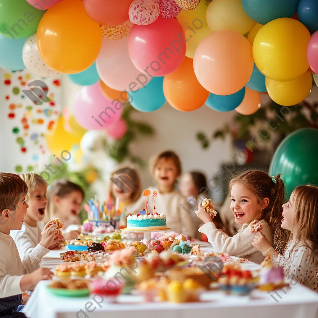 Children celebrating a birthday party with cake and colorful balloons. - Image 4