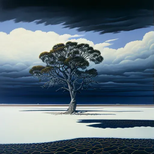 Barren Salt Flat with Lone Tree Under Stormy Sky