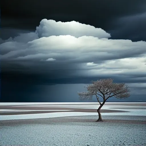 Image of a barren salt flat under a stormy sky with a lone tree in the distance - Image 2