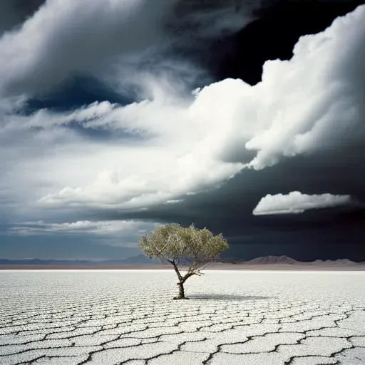 Image of a barren salt flat under a stormy sky with a lone tree in the distance - Image 3