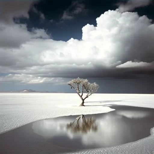 Image of a barren salt flat under a stormy sky with a lone tree in the distance - Image 4