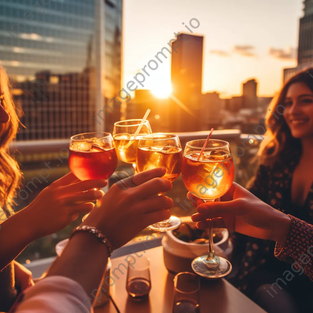 Friends clinking glasses at a rooftop bar during sunset - Image 1