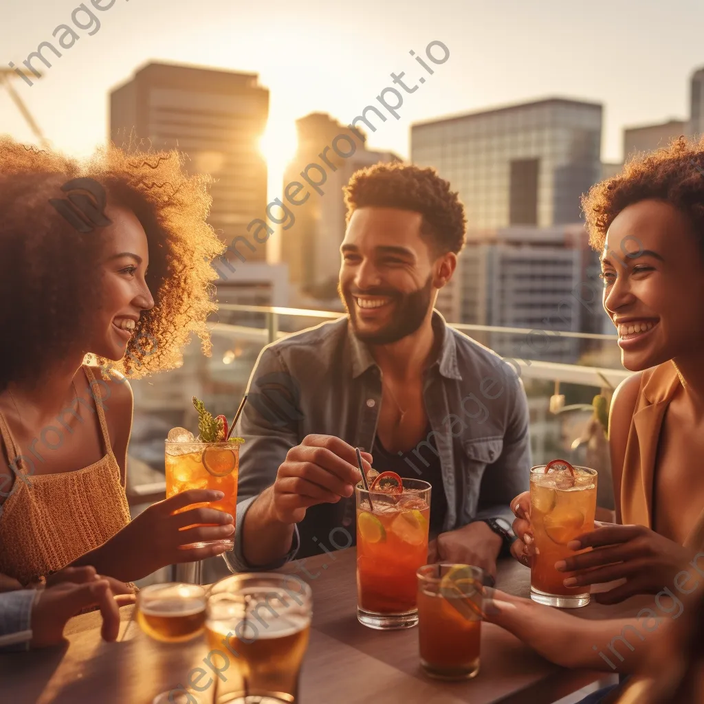 Friends clinking glasses at a rooftop bar during sunset - Image 2