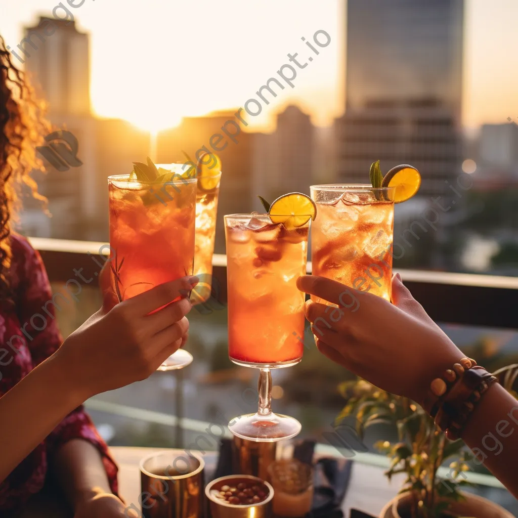 Friends clinking glasses at a rooftop bar during sunset - Image 3