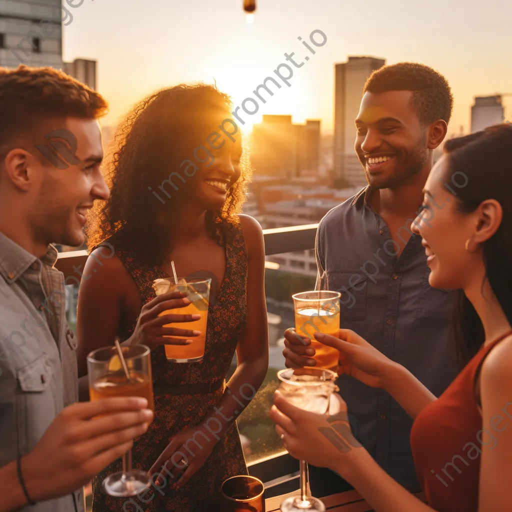 Friends clinking glasses at a rooftop bar during sunset - Image 4