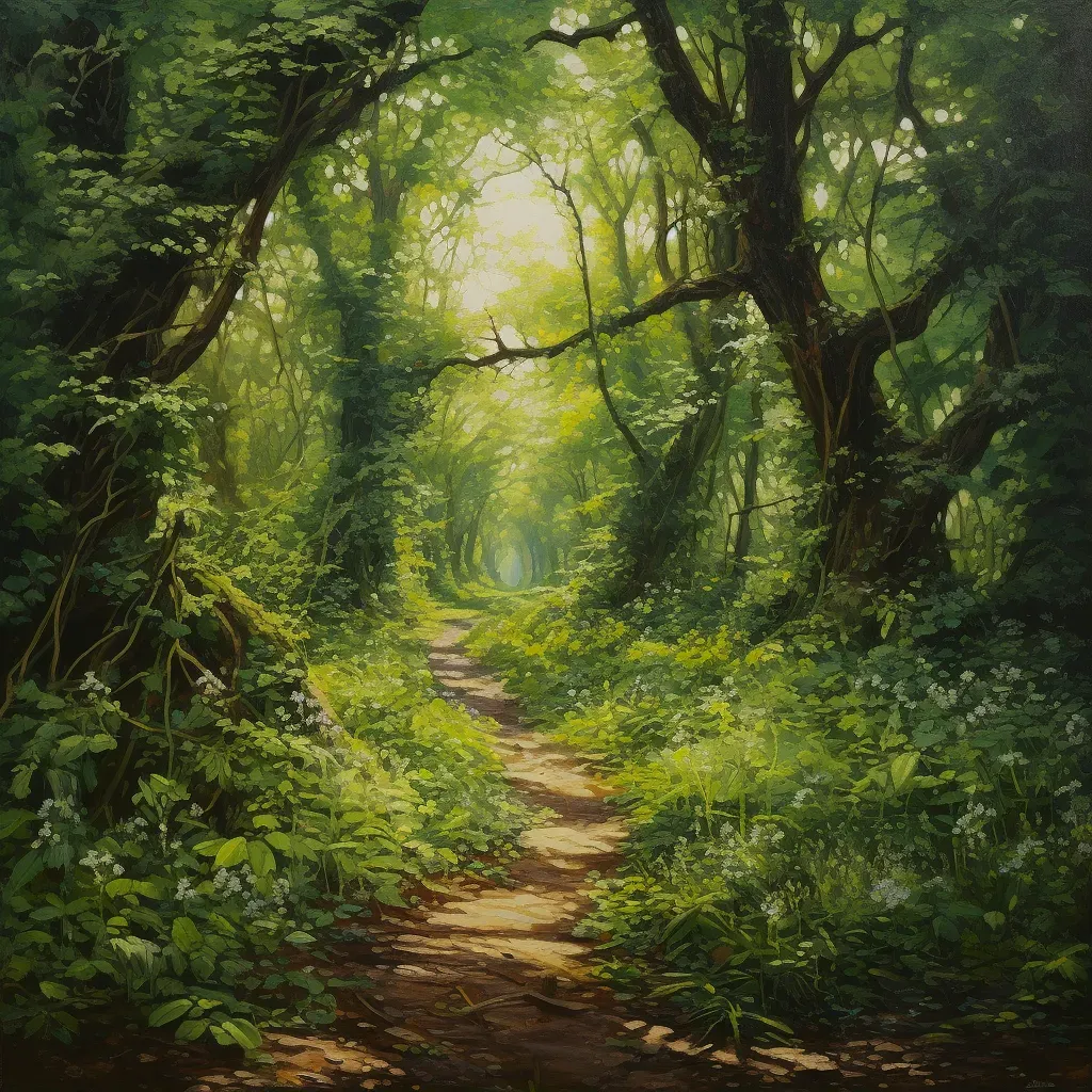 Artistic depiction of footpath through lush forest, symbolizing new beginning - Image 1