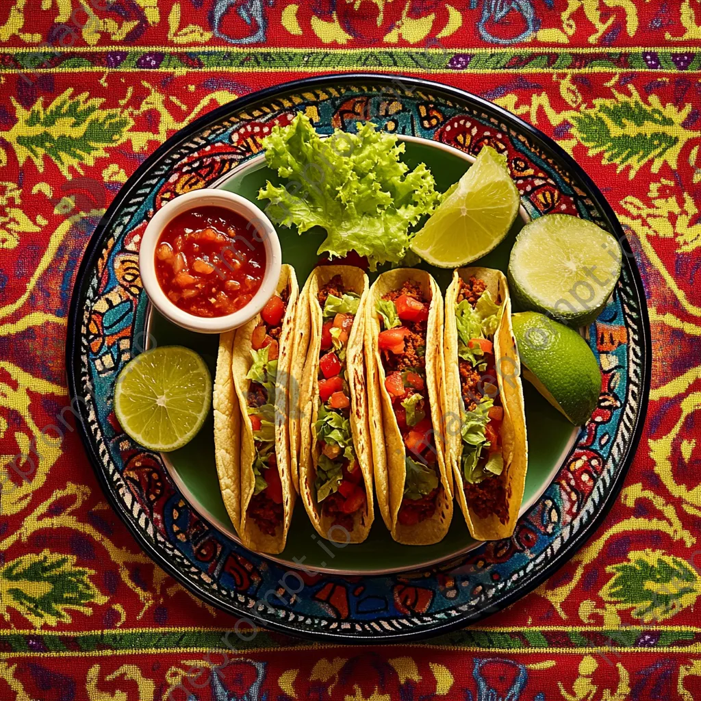 Flat lay of gourmet tacos filled with fresh ingredients and garnished with lime - Image 1