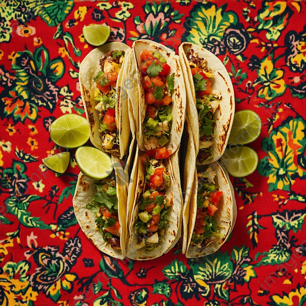 Flat lay of gourmet tacos filled with fresh ingredients and garnished with lime - Image 3