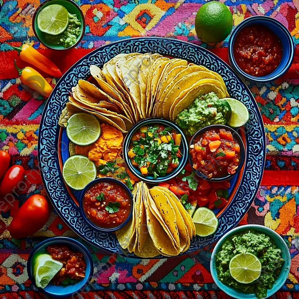 Flat lay of gourmet tacos filled with fresh ingredients and garnished with lime - Image 4