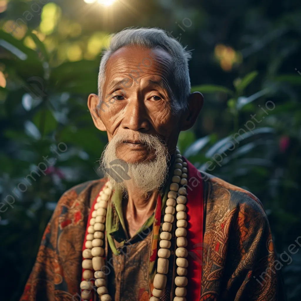 Elderly man in traditional attire in a peaceful garden - Image 1