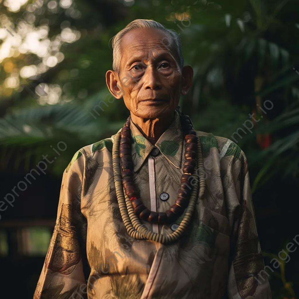 Elderly man in traditional attire in a peaceful garden - Image 2